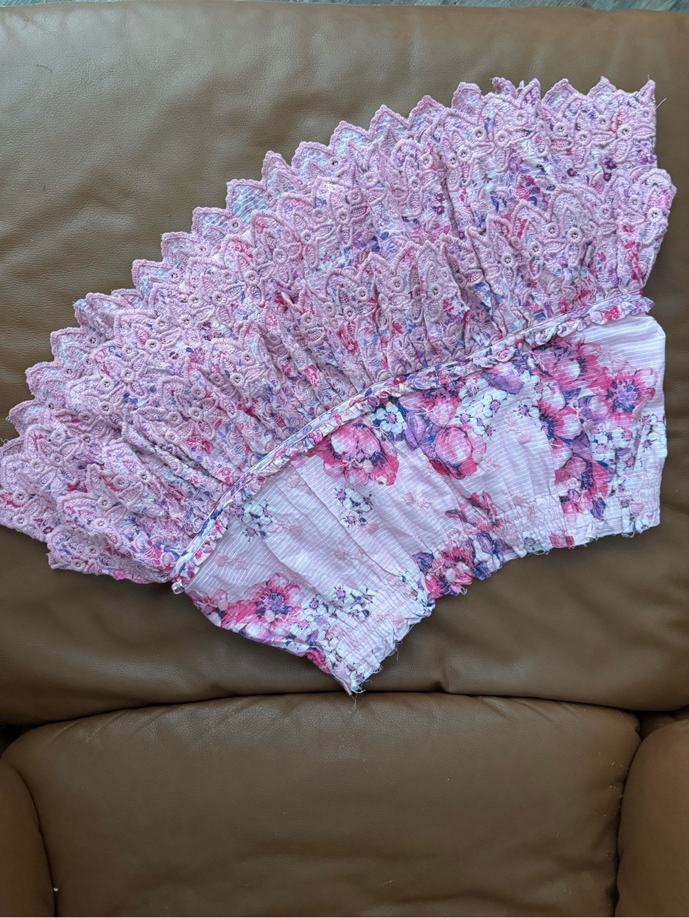 LoveShackFancy Pink Floral Tiered Ruffle Mini Skirt